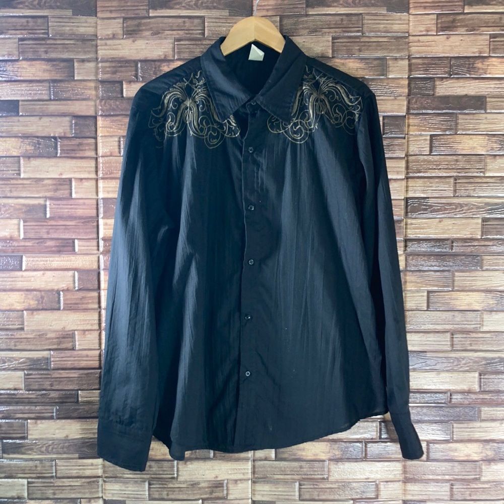 Mens XL Pop Icon Black & Tan Western Button Down Shirt